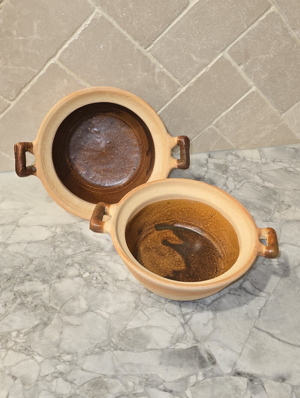Vintage Pair of Terracotta Baking Bowls Handmade Handled Pots Brown Wabi Sabi
